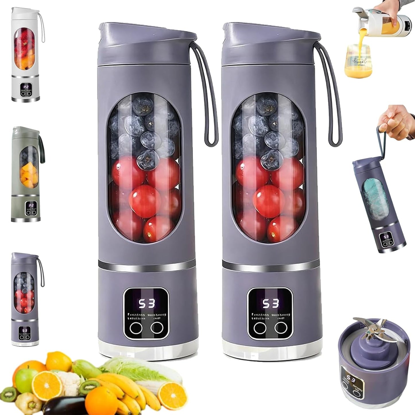 Digital Multimode Juicer Blender, Portable Blender Personal Electric,500ml Portable Juicer For Shakes And Smoothies, Best For Home & Travel (2PCS White Army Green)