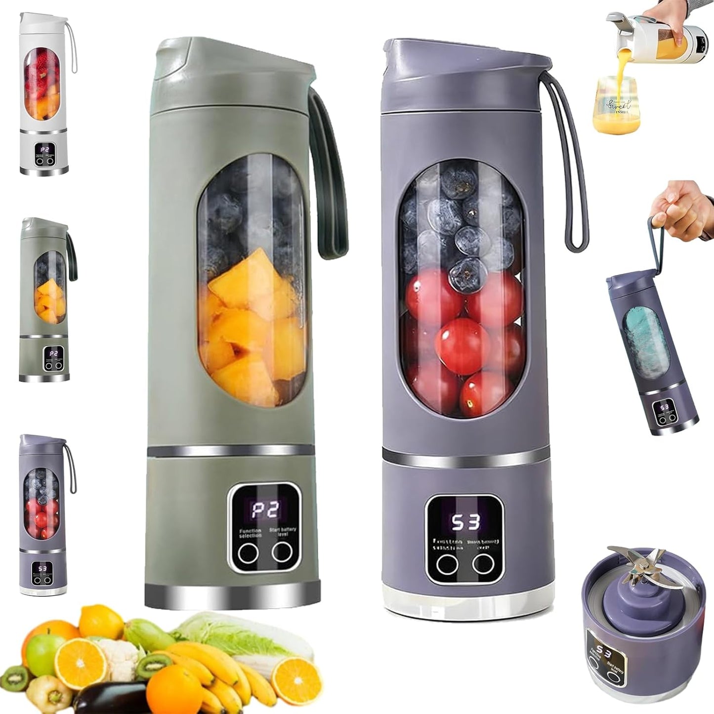 Digital Multimode Juicer Blender, Portable Blender Personal Electric,500ml Portable Juicer For Shakes And Smoothies, Best For Home & Travel (2PCS White Army Green)