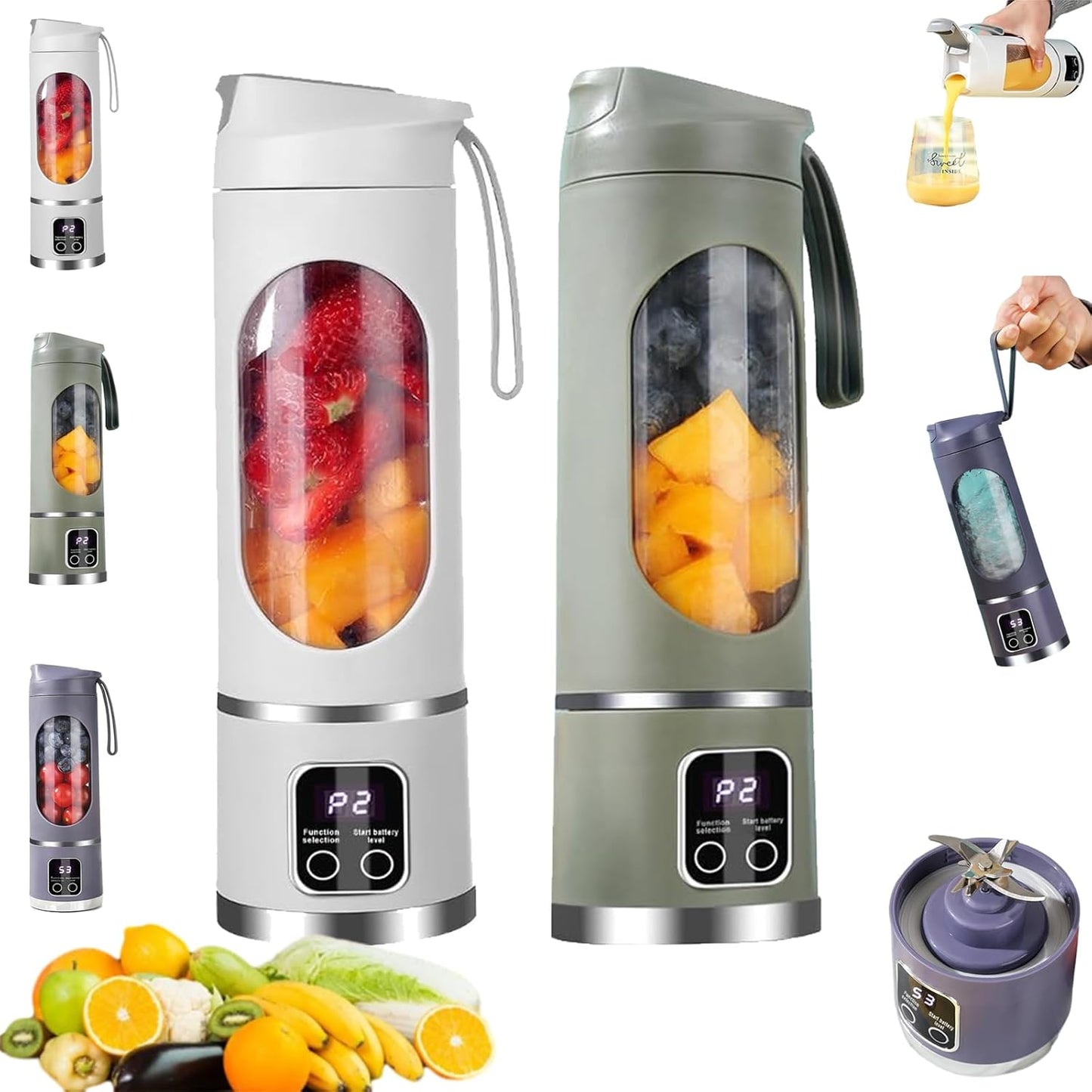 Digital Multimode Juicer Blender, Portable Blender Personal Electric,500ml Portable Juicer For Shakes And Smoothies, Best For Home & Travel (2PCS White Army Green)