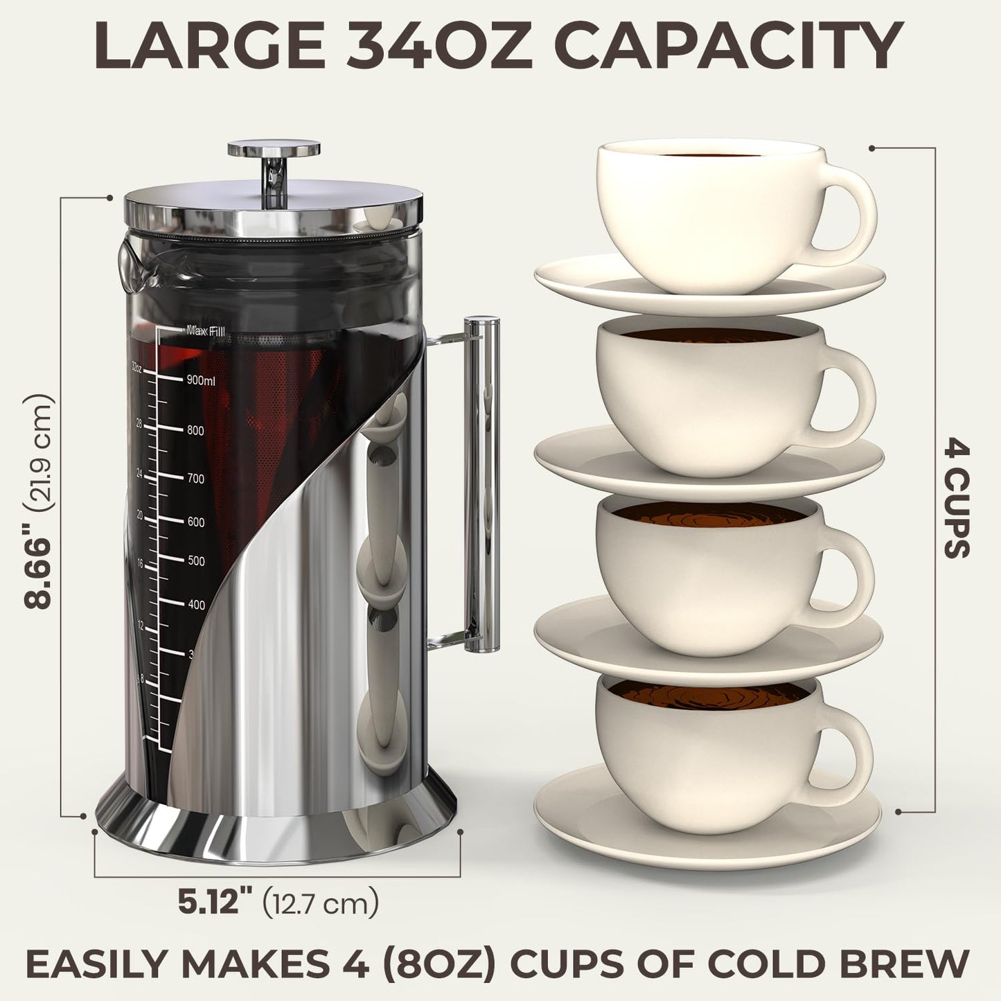 Cafe Du Chateau Cold Brew Coffee Maker - 34oz Airtight Iced Coffee & Tea Pitcher with Measuring Label, Stainless Steel Filter, Ideal for Fridge Storage