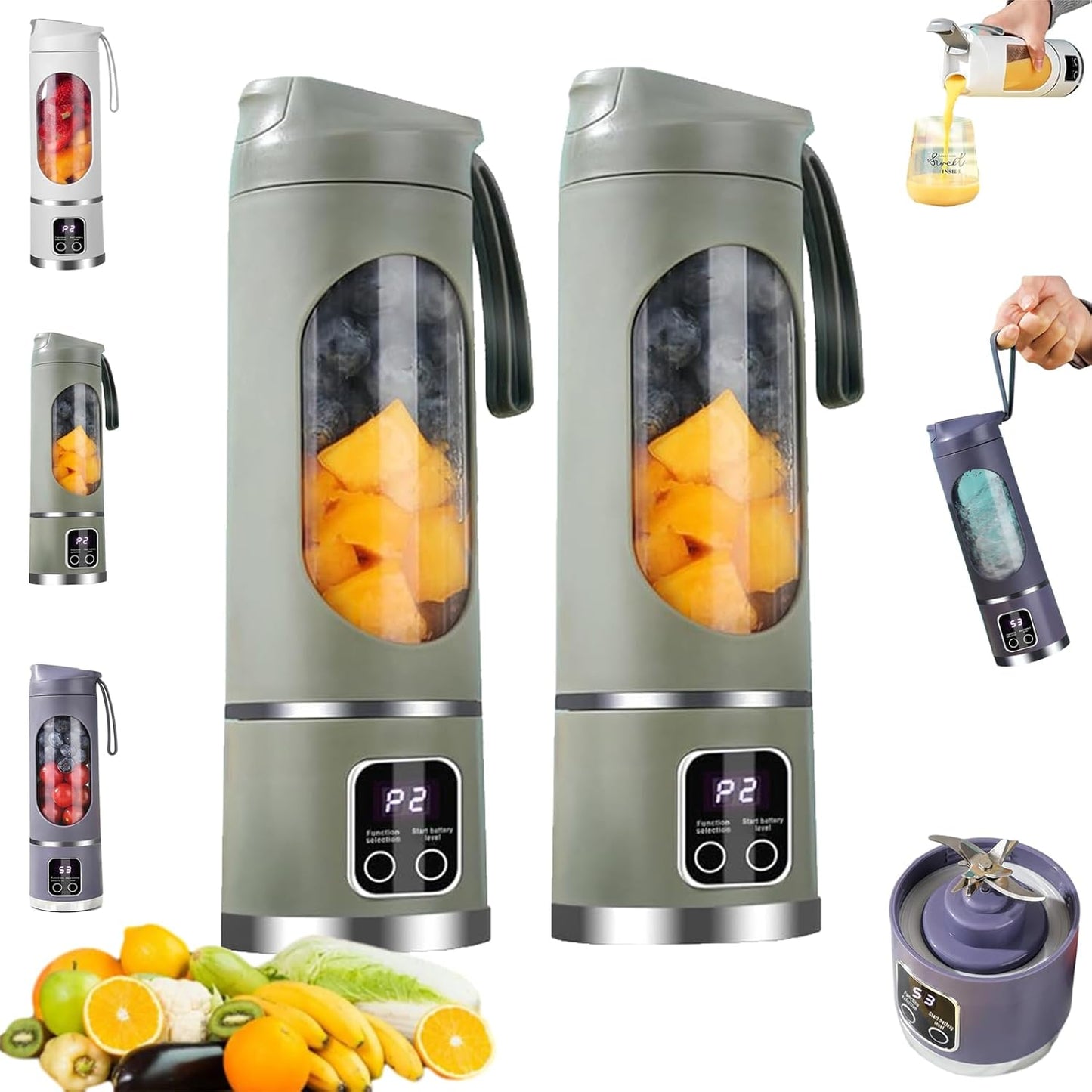 Digital Multimode Juicer Blender, Portable Blender Personal Electric,500ml Portable Juicer For Shakes And Smoothies, Best For Home & Travel (2PCS White Army Green)