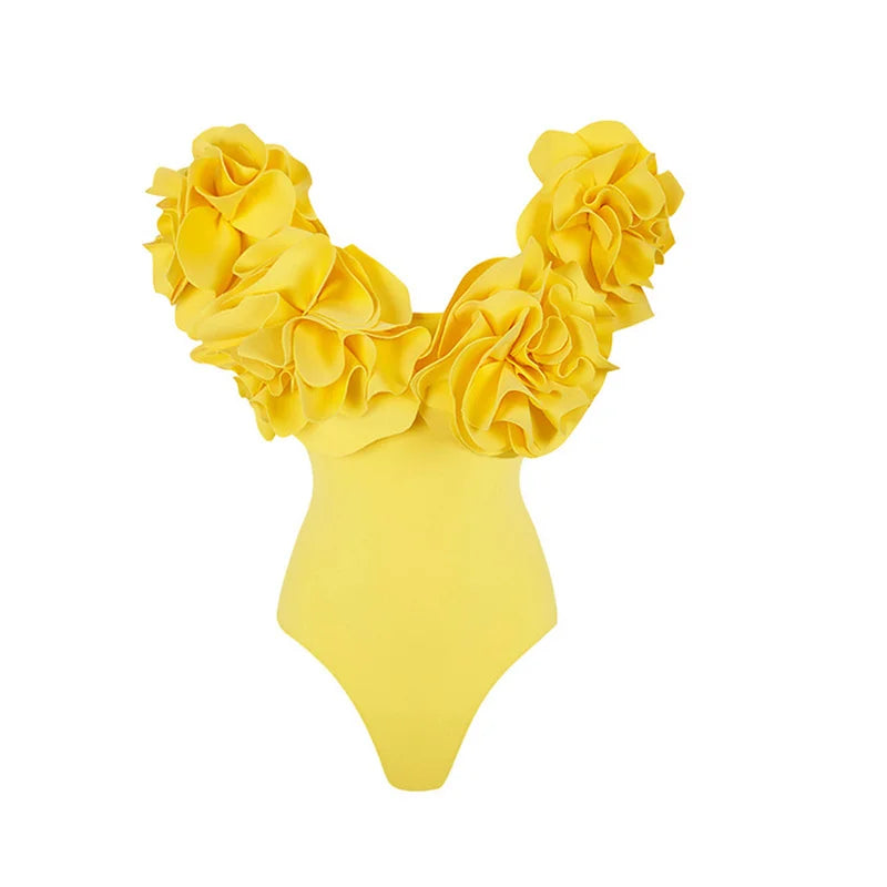 3D floral strapless solid color one piece swimsuit
