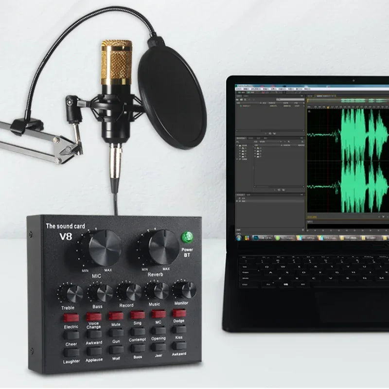 V8 Professional Sound Card Streaming Live Broadcast Podcast Recording Studio Equipment Voice Changer Audio Interface Sound Card kit