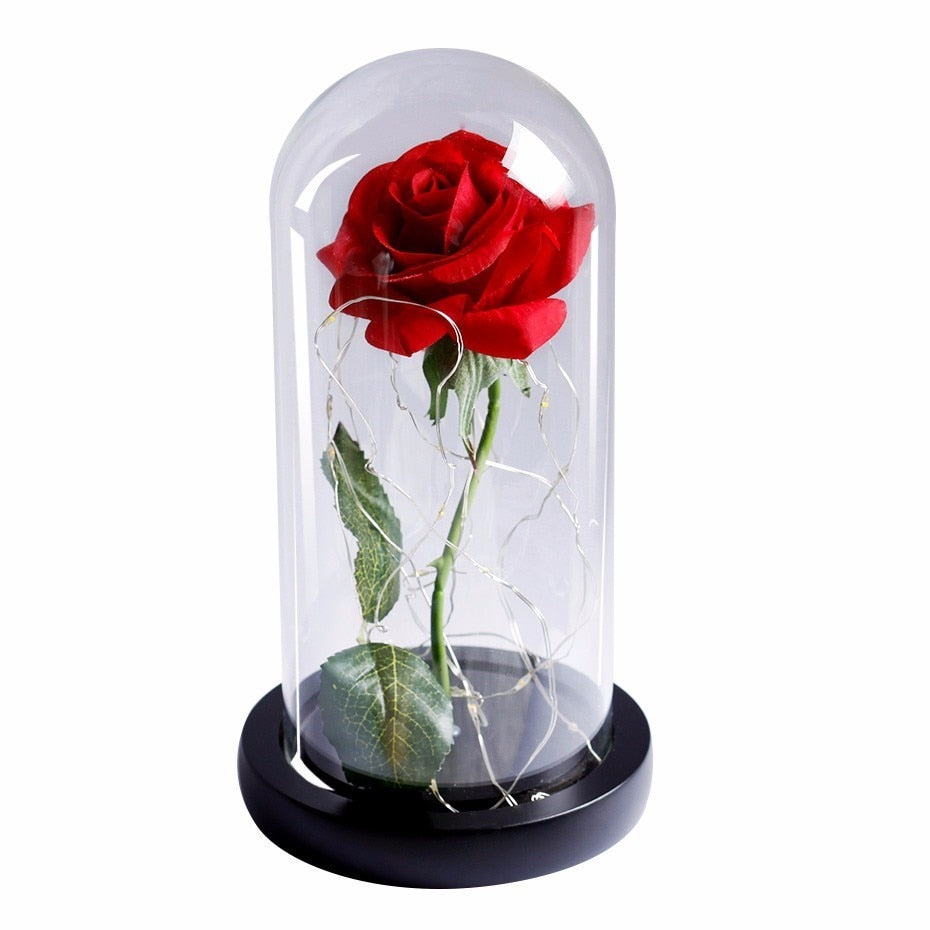 Rose In Flask Led Rose Flower Light Black Base Glass Dome
