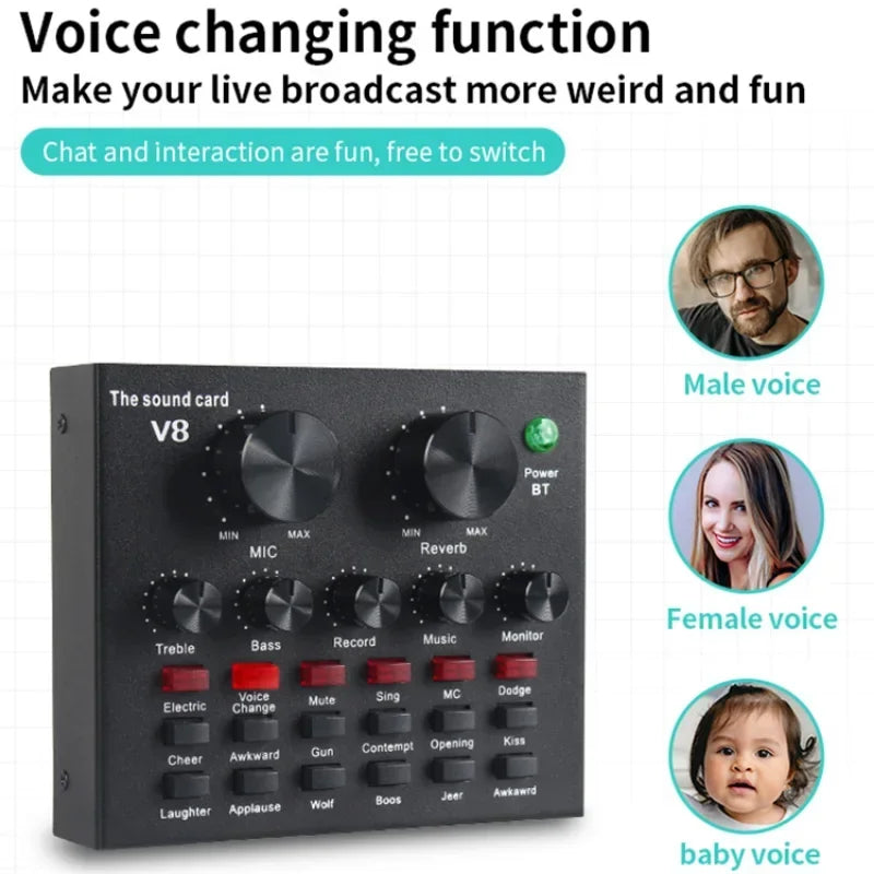 V8 Professional Sound Card Streaming Live Broadcast Podcast Recording Studio Equipment Voice Changer Audio Interface Sound Card kit