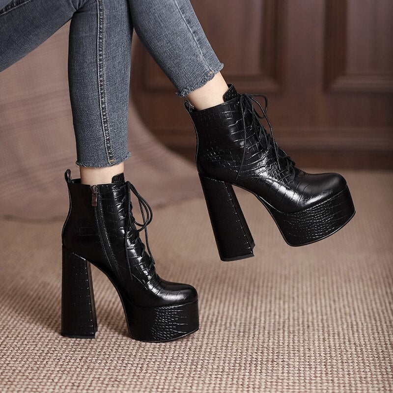 Ankle Boots Cross-Tied Genuine Leather High Heels Shoes
