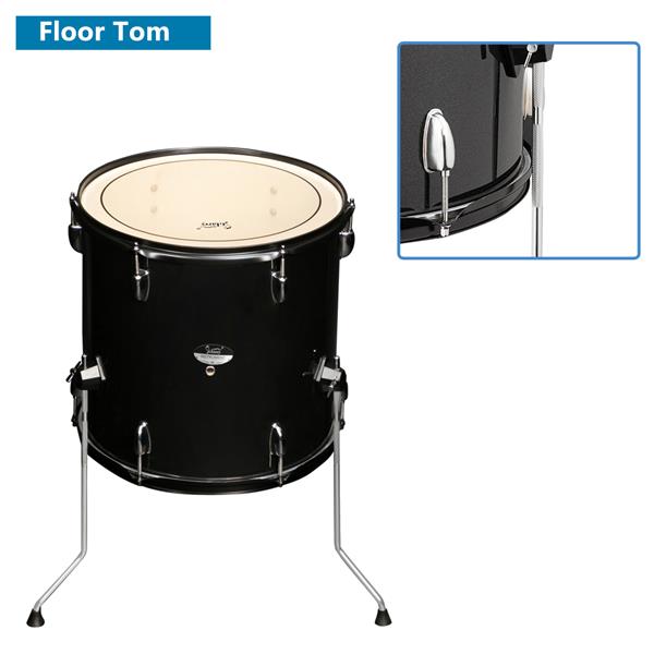 Full Size Drum Set 5-Piece Black with Bass Drum, two Tom Drum, Snare Drum, Floor Tom, 16" Ride Cymbal, 14" Hi-hat Cymbals, Stool, Drum Pedal, Sticks