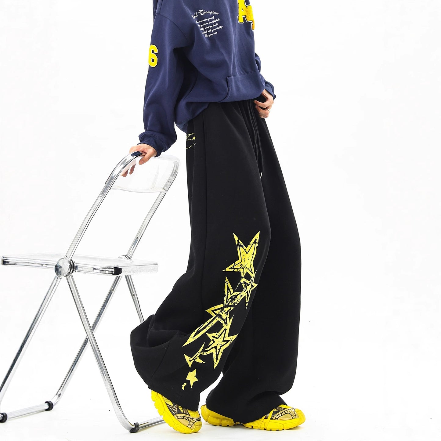 Retro Street Style Graffiti Star Distressed Sweatpants Unisex Autumn Winter Design Casual Straight Leg Oversized Long Pants