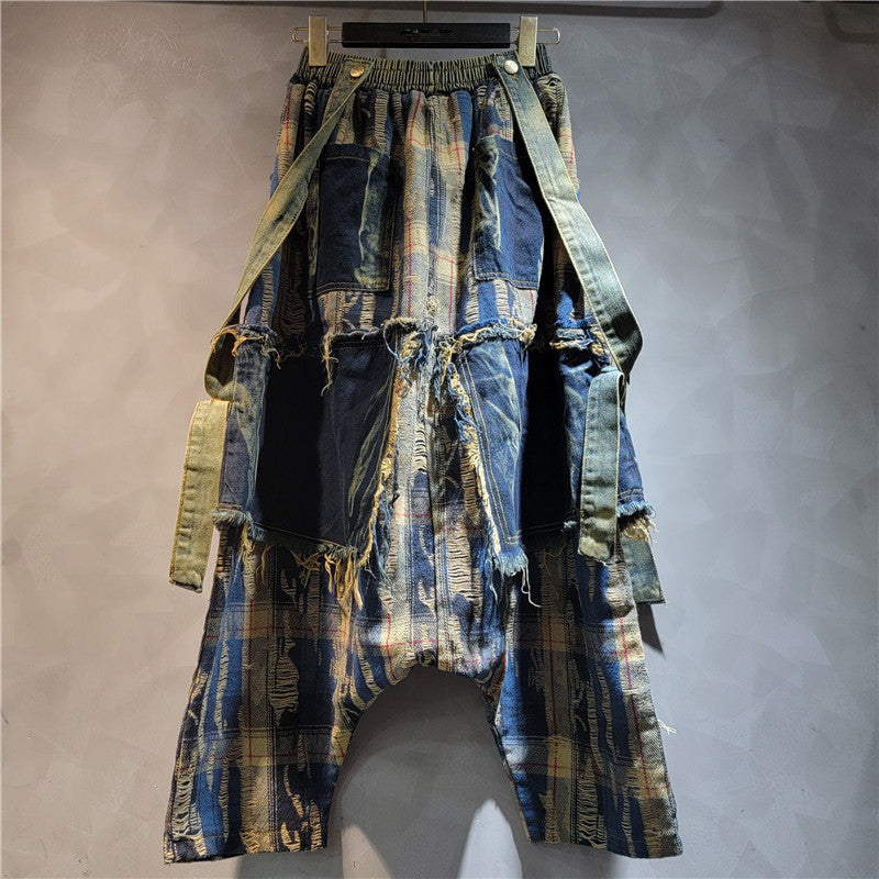 Retro Vintage Patchwork Plaid Denim High Waisted Shoulder Strap Baggy Pants