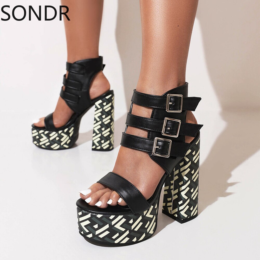 Platform Peep Toe Belt Buckle Sandals Cut Out Super 15CM High Heel Shoes