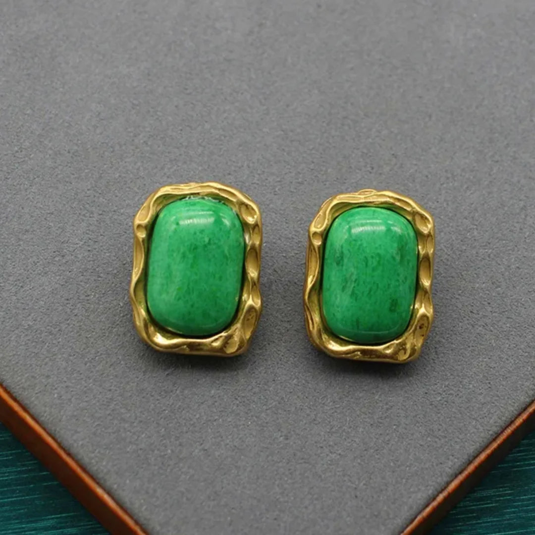 Medieval 925 silver needle earrings square green stone