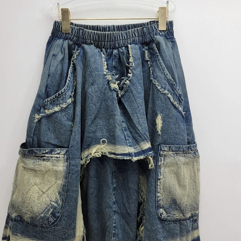 Patchwork High Elastic Waisted Loose Denim Jeans