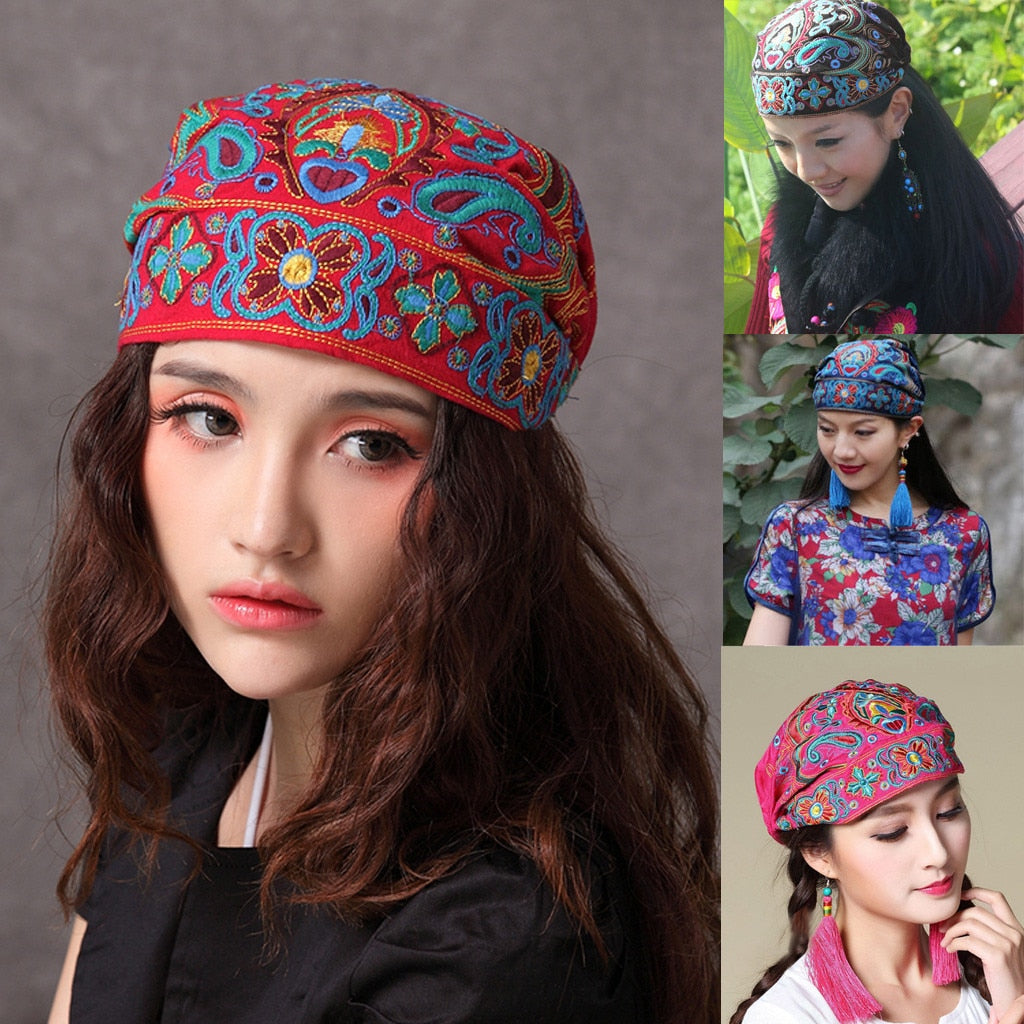 Vintage Embroidery Flowers Bandanas Red Print Hat