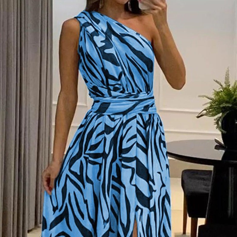 Loud back single shoulder sleeveless printed long dress