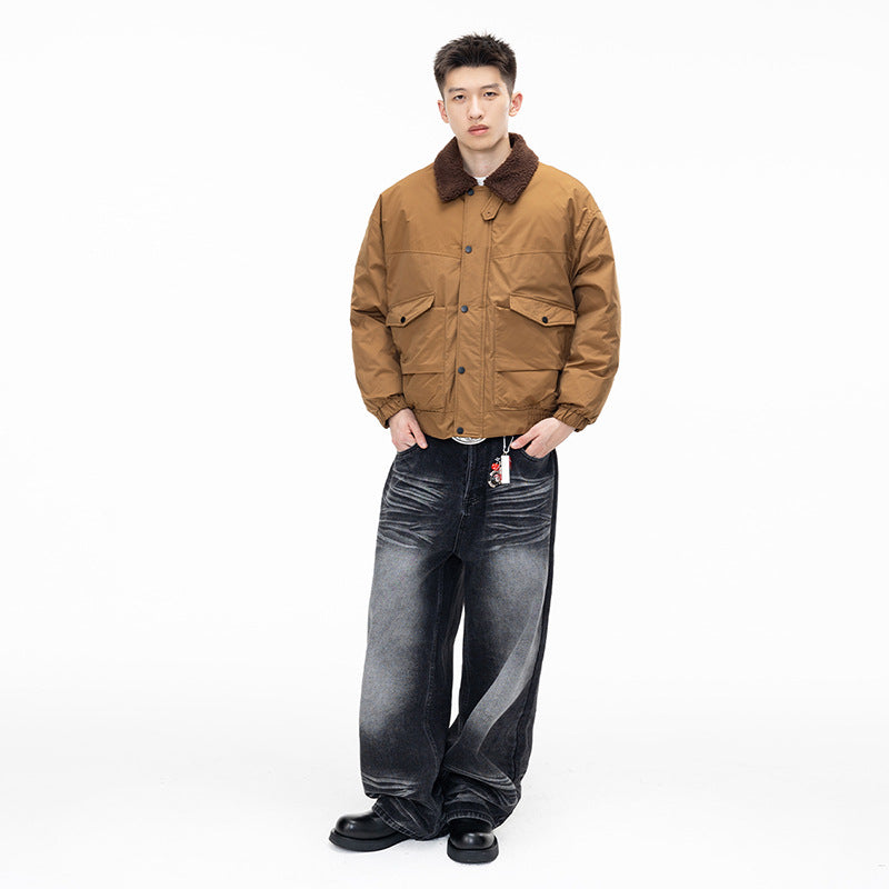 Retro Color-block Patchwork Lapel Buttoned Large Pocket Cotton Coat Jacket