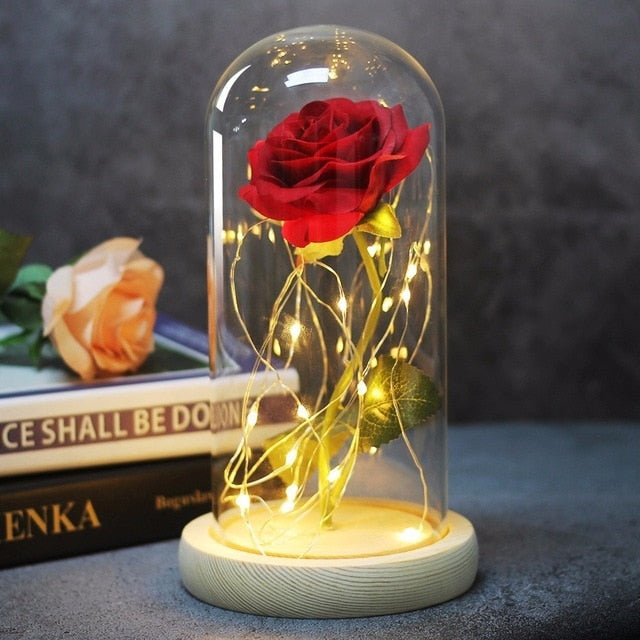 Rose In Flask Led Rose Flower Light Black Base Glass Dome