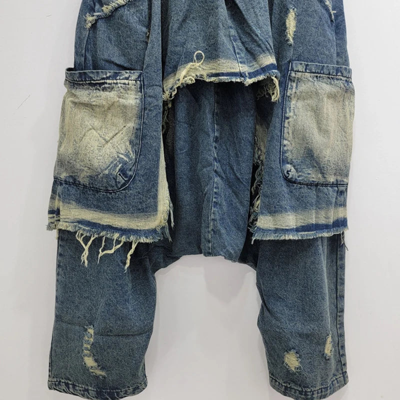 Patchwork High Elastic Waisted Loose Denim Jeans