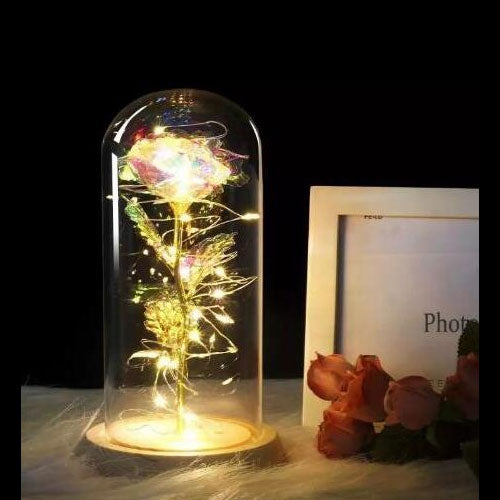 Rose In Flask Led Rose Flower Light Black Base Glass Dome