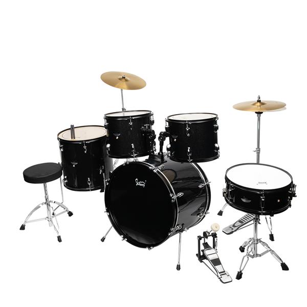 Full Size Drum Set 5-Piece Black with Bass Drum, two Tom Drum, Snare Drum, Floor Tom, 16" Ride Cymbal, 14" Hi-hat Cymbals, Stool, Drum Pedal, Sticks
