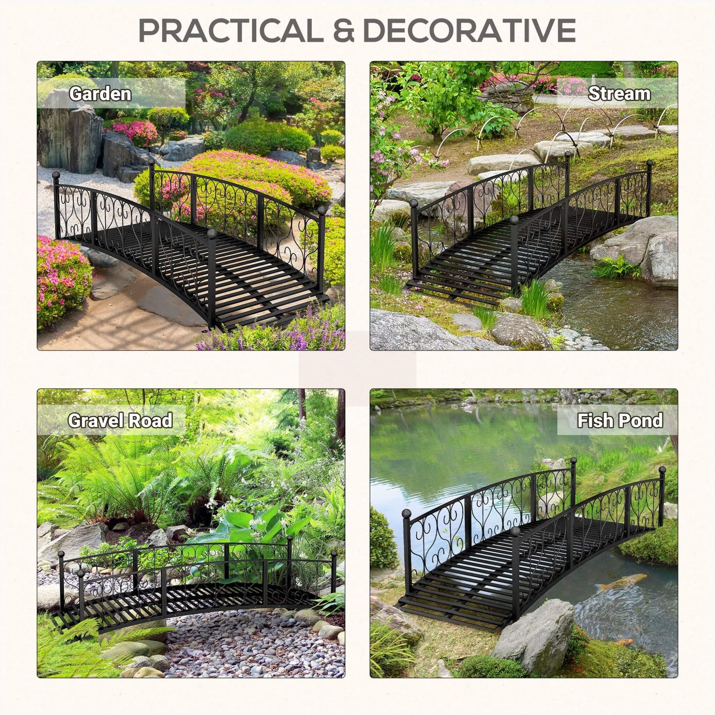 7FT Decorative Metal Arch Footbridge Garden Bridge With Safety Siderails (SAK53829)
