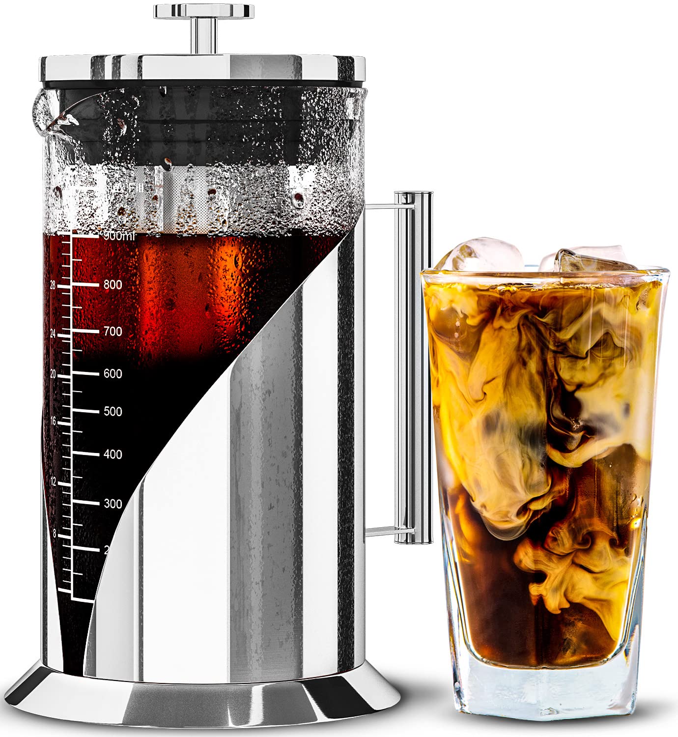 Cafe Du Chateau Cold Brew Coffee Maker - 34oz Airtight Iced Coffee & Tea Pitcher with Measuring Label, Stainless Steel Filter, Ideal for Fridge Storage