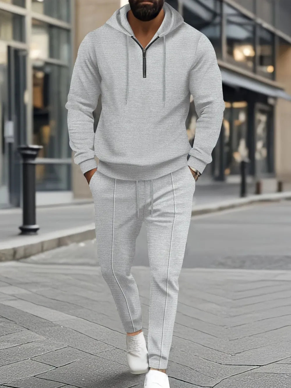 Waffle-Knit Half Zipper Hoodie & Pants Set