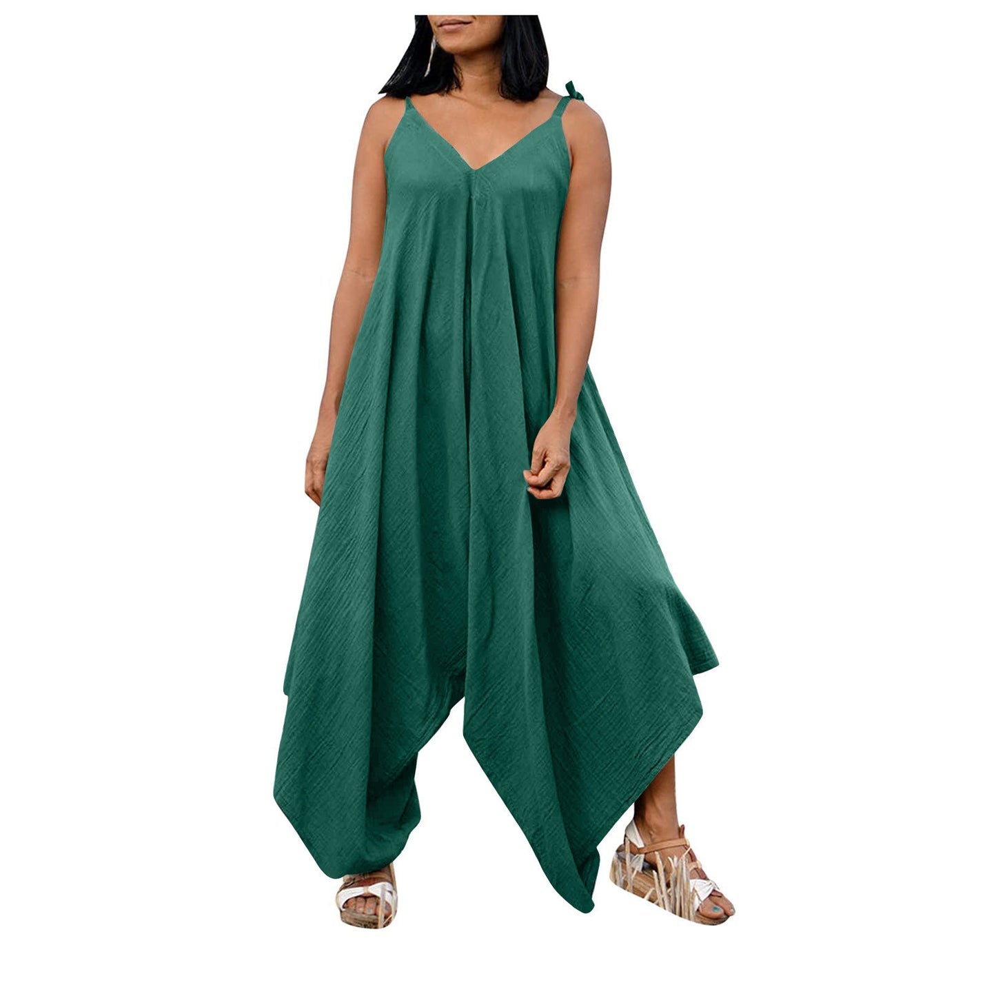 Solid color suspender backless V-neck sleeveless loose wide leg pants jumpsuit