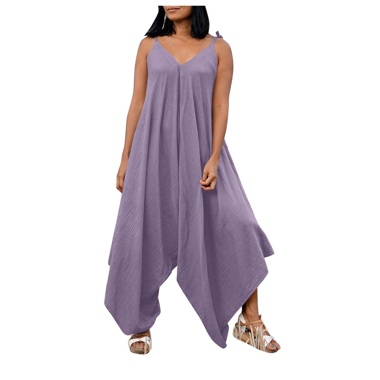 Solid color suspender backless V-neck sleeveless loose wide leg pants jumpsuit