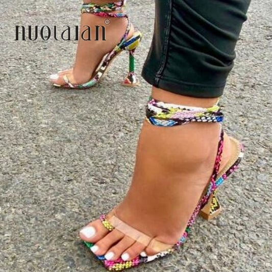 Snake Print Shoes Woman Lace-Up Cross Strap Gladiator Sandals 11.5CM Heels