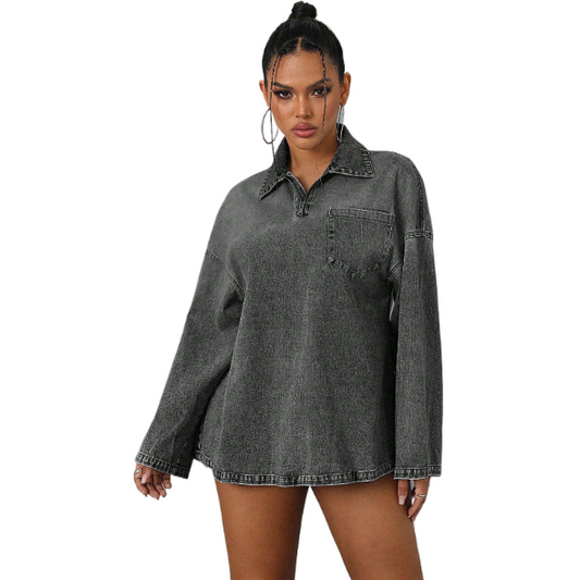 Collared Neck Drop Shoulder Denim Top