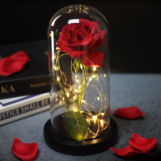 Rose In Flask Led Rose Flower Light Black Base Glass Dome
