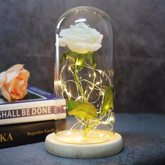 Rose In Flask Led Rose Flower Light Black Base Glass Dome
