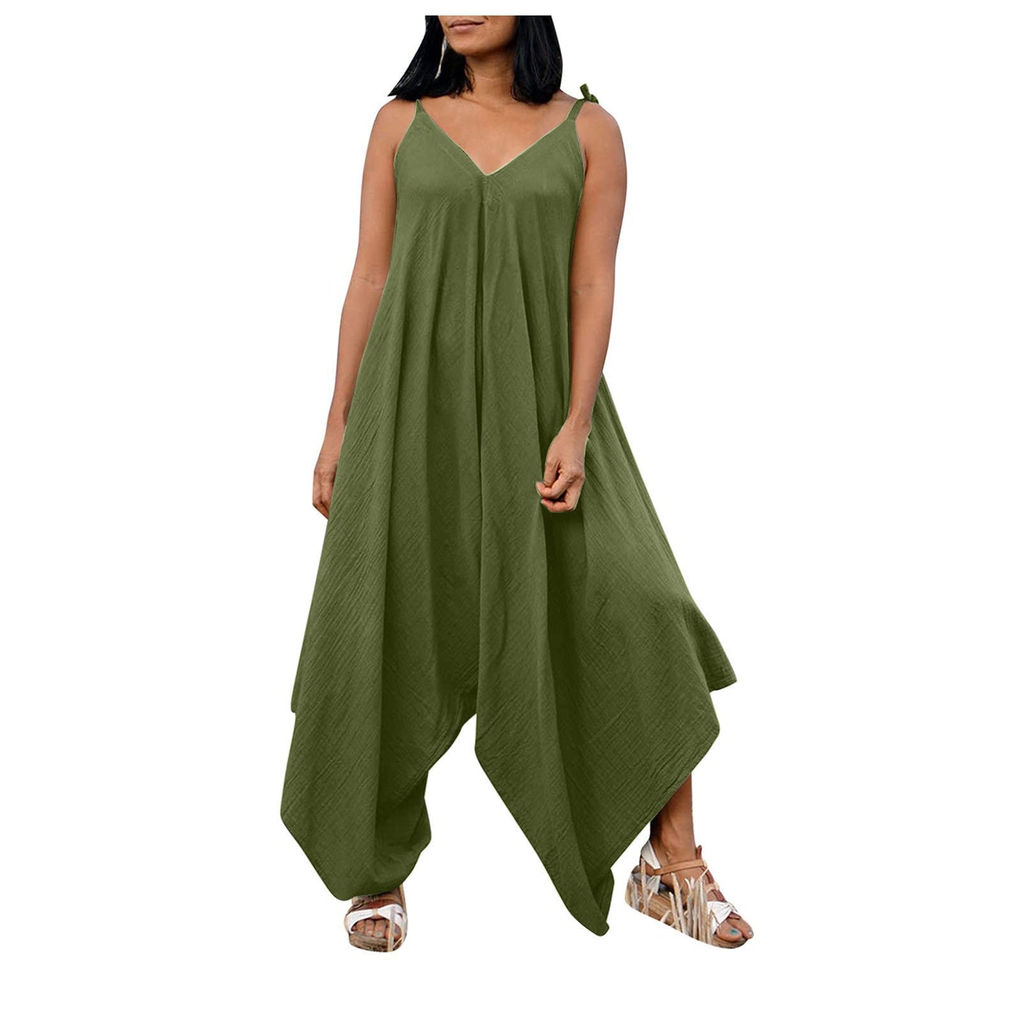 Solid color suspender backless V-neck sleeveless loose wide leg pants jumpsuit