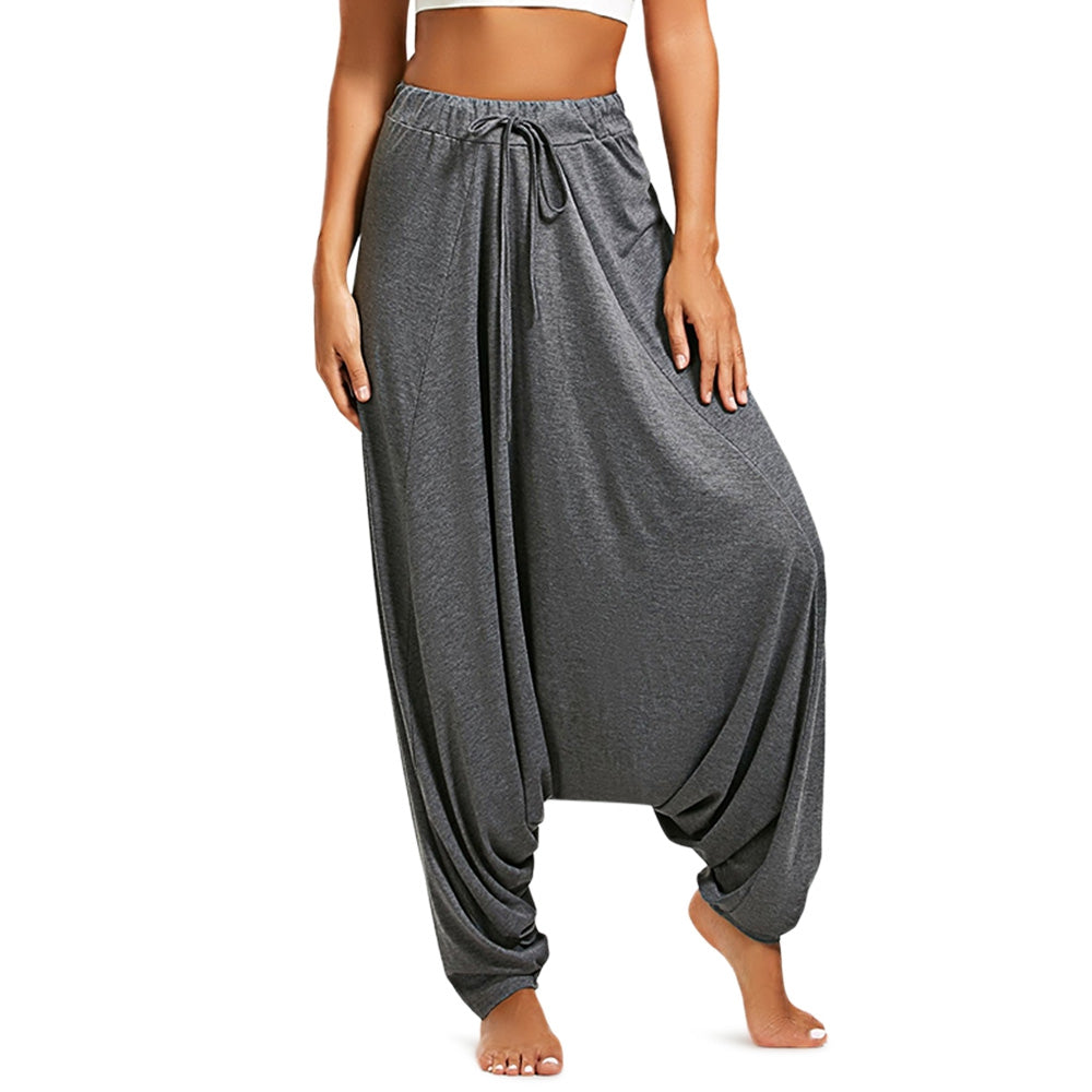 Elastic Waist Loose Solid Color Casual Women Drop-crotch Pants