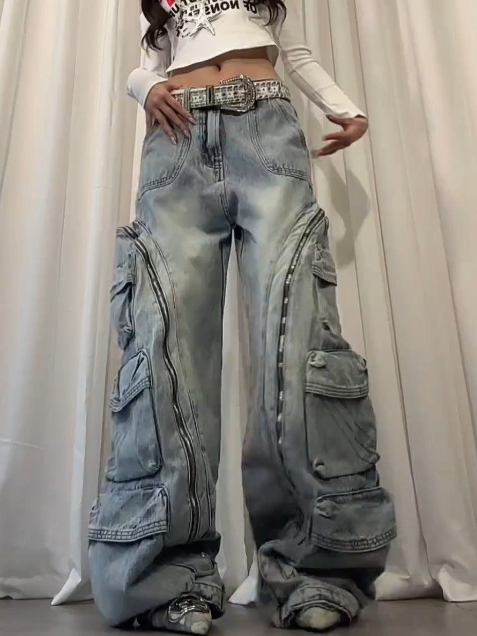 Washed Multi Pocket Jeans Straight Leg Loose Wide Leg Pants