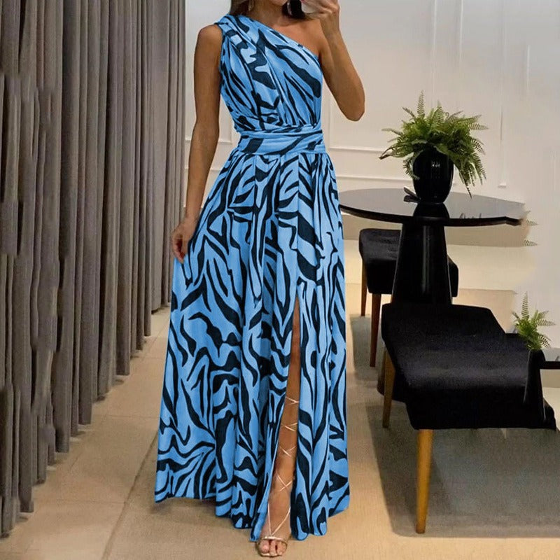 Loud back single shoulder sleeveless printed long dress