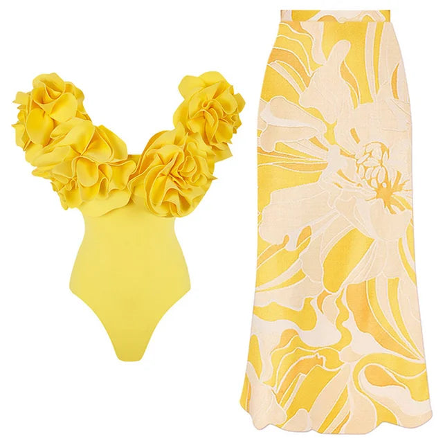 3D floral strapless solid color one piece swimsuit