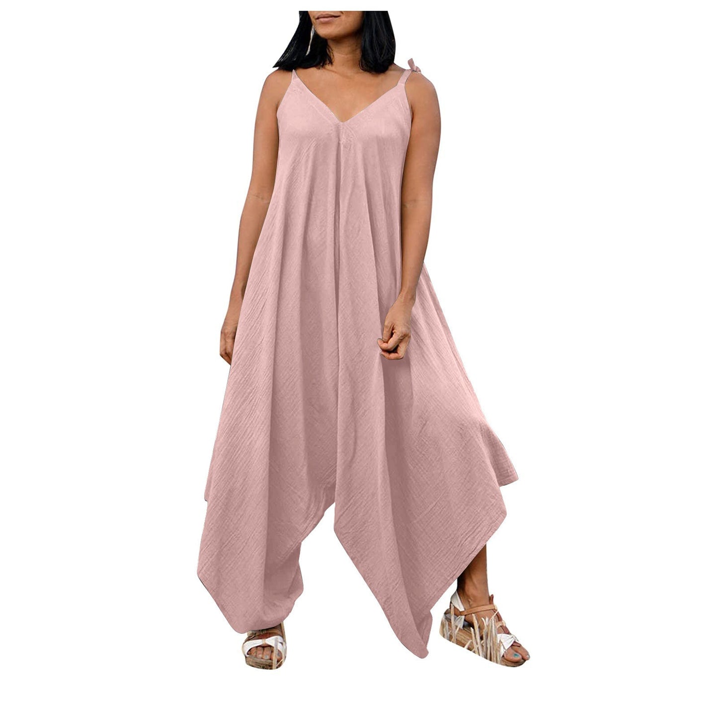 Solid color suspender backless V-neck sleeveless loose wide leg pants jumpsuit