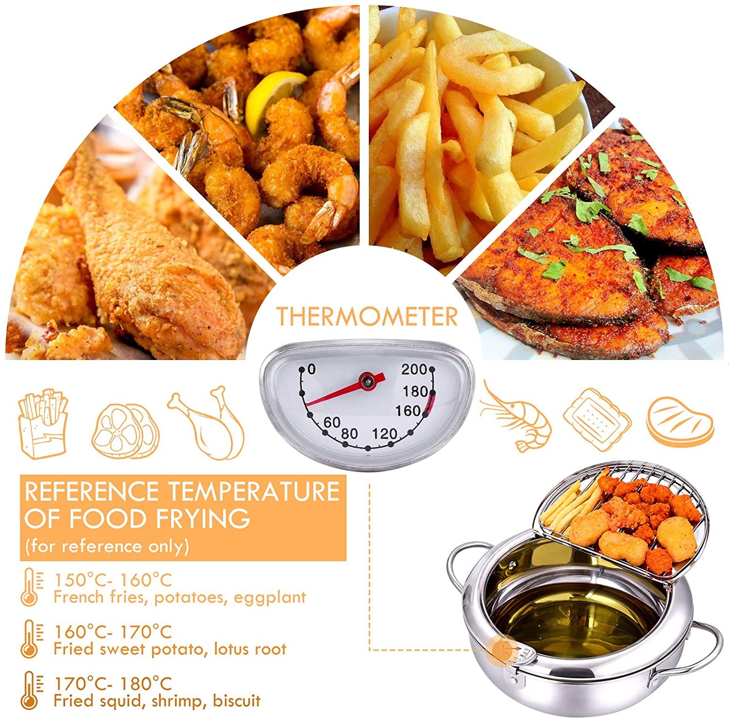 Deep Frying Pot with a Thermometer and a Lid 304 Stainless Steel Kitchen Tempura Fryer Pan 20 24 cm