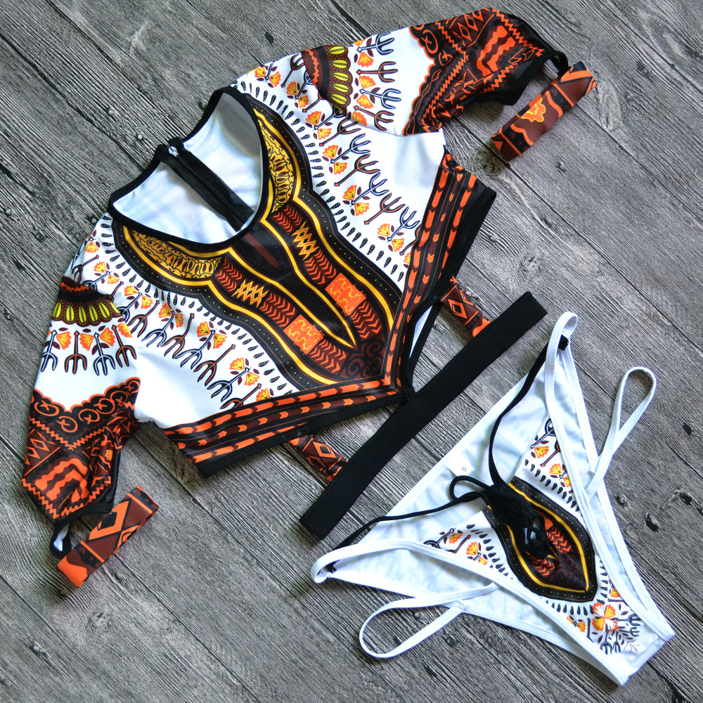 Short Sleeve Swimsuit Dashiki Print Bikini Set Bikinis Women Thong Swimwear Female Plus Size Swimsuits Bathing Suit