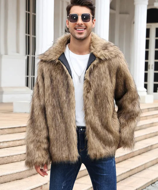 Men Faux Fox Fur Jacket Coat Winter Thick Fluffy Long Sleeve Lapel Warm Shaggy Outerwear Luxury Jacket Bontjas Jackets Mens