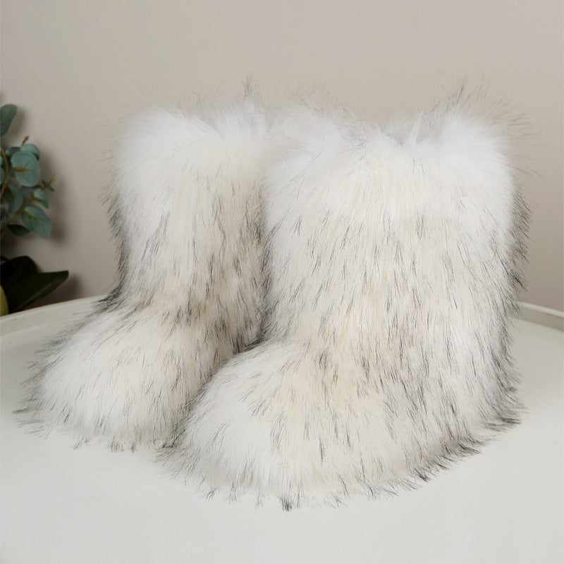 Fuzzy Fluffy Fur Boots Plush lining Slip-on Rubber Flat Footwear
