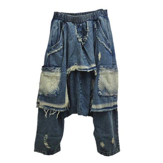 Patchwork High Elastic Waisted Loose Denim Jeans
