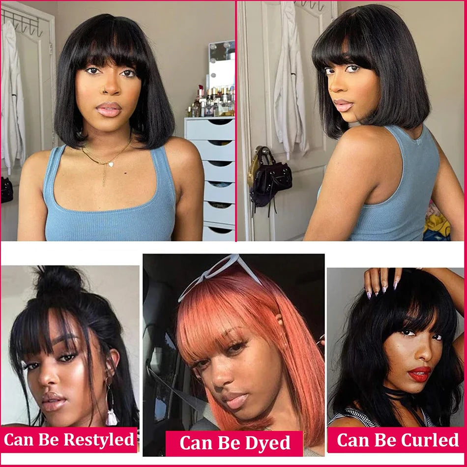 Middle Parted 3X1 Hd Lace Wig Bone Straight Human Hair Wigs With Bangs Short Bob Wigs Full Machine Made Short Bob Human Hair Wig