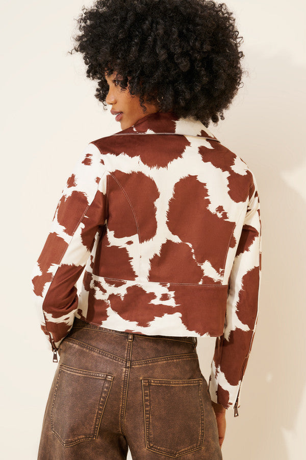 Cow Print Vegan Suede Moto Jacket Women