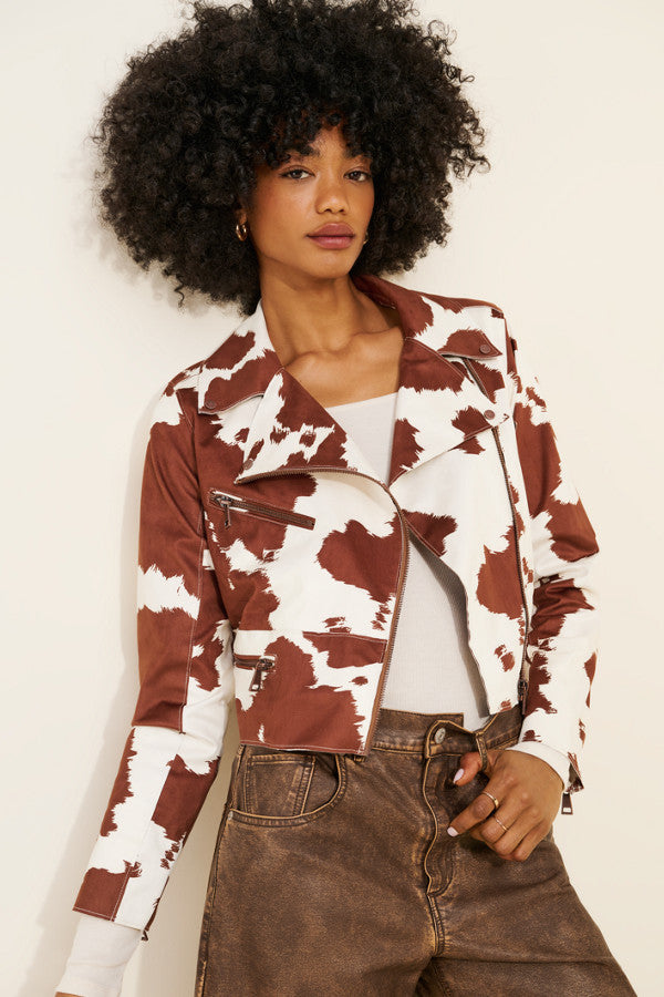 Cow Print Vegan Suede Moto Jacket Women
