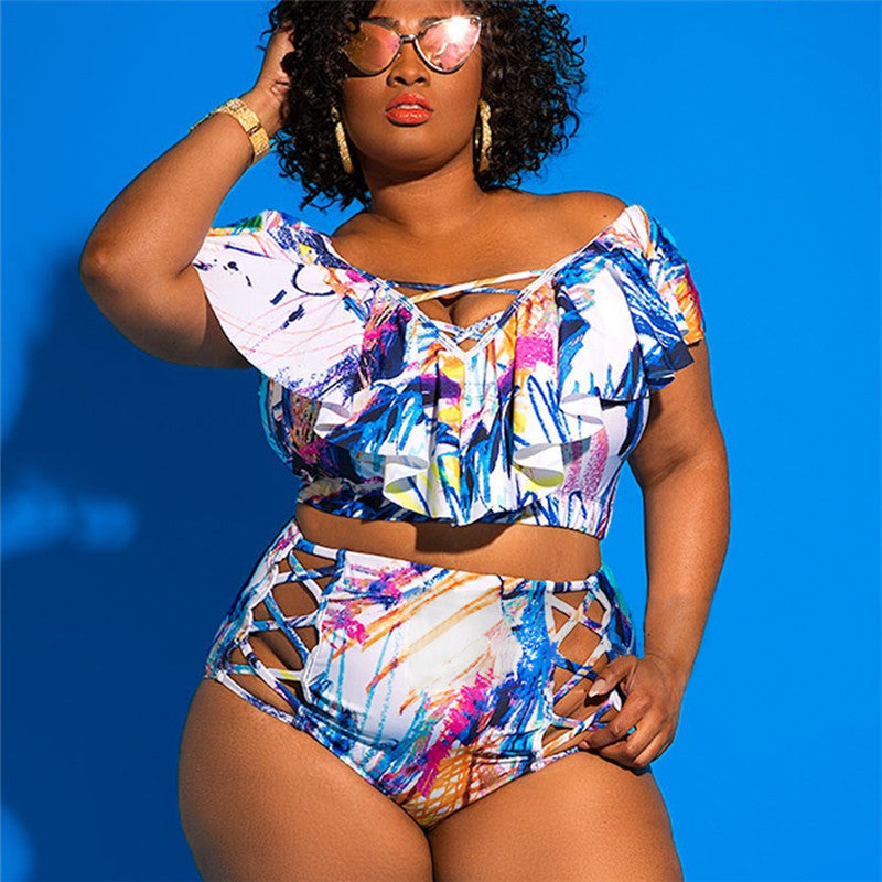 Large Size Swimsuit High Waist Printed Plus Sized Bikini One-Shoulder Multi-rope Swimsuit Hollow Split Swimsuit