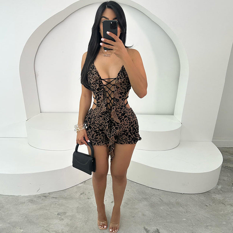 Leopard print mesh printed hollow lace up jumpsuit