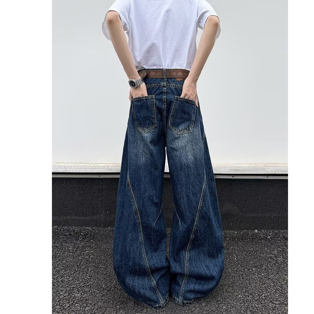 Deep blue wide leg ripped denim micro flared pants