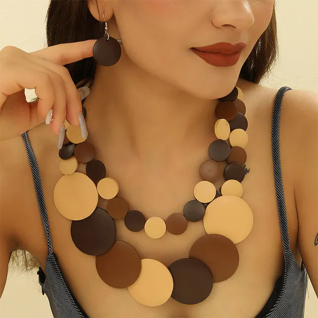 Boho Doublelayer Big Colorful Wood Necklace Earrings Sets Wedding Indian Africal Beads Jewelry